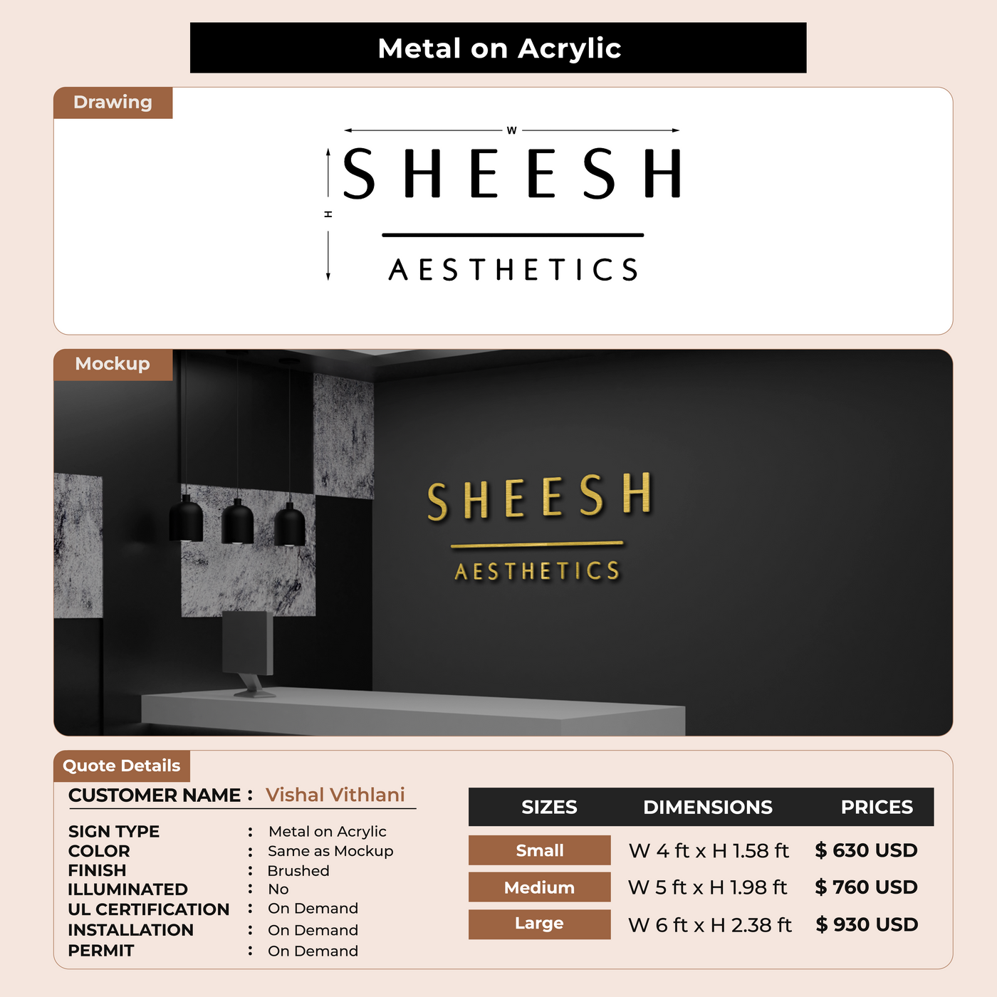 Metal on Acrylic Sign for Vishal Vithlani