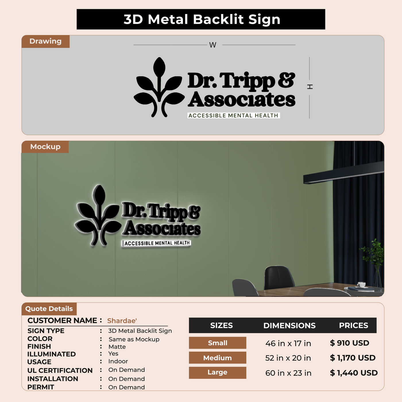3D Metal Backlit Sign for Shardae'