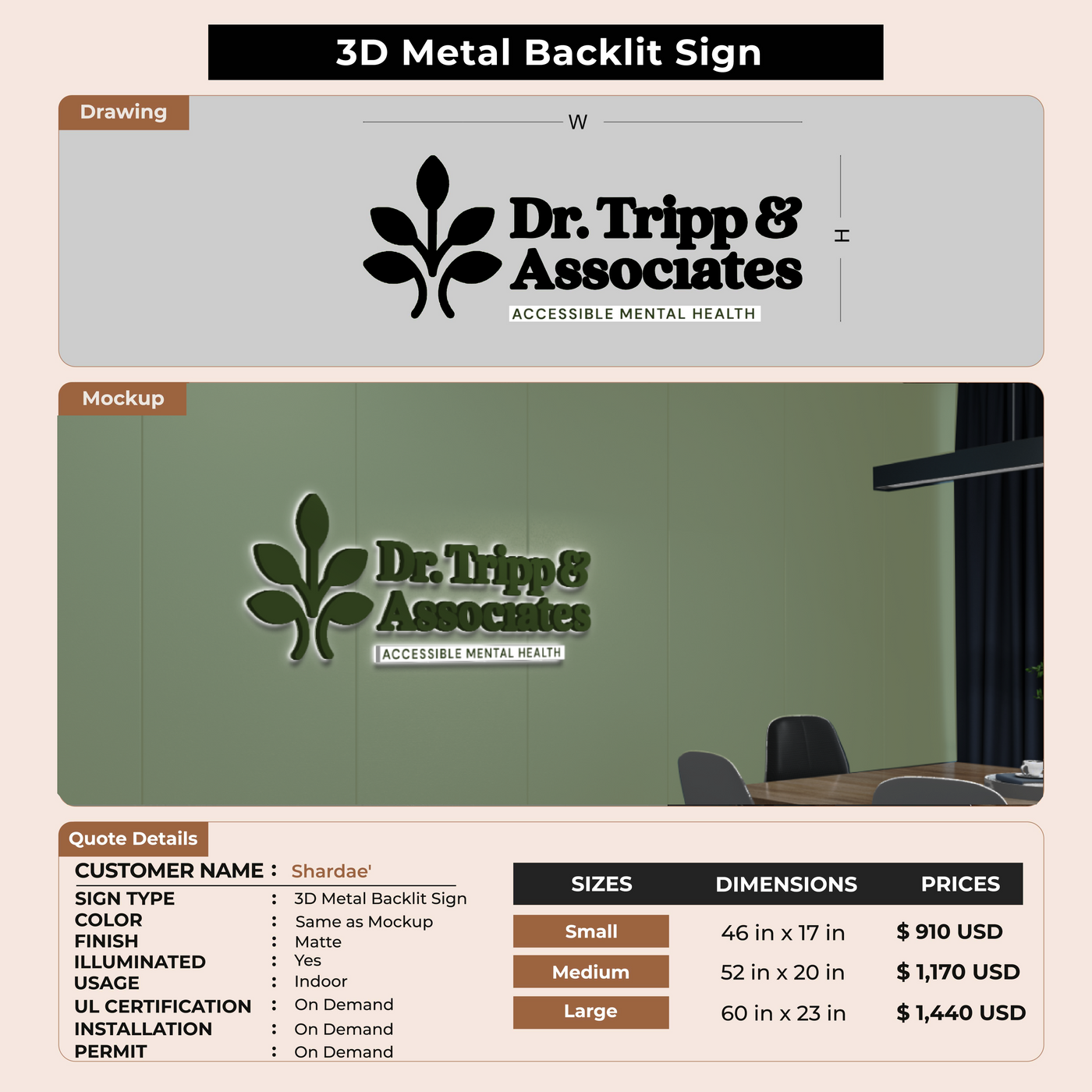 3D Metal Backlit Sign for Shardae'