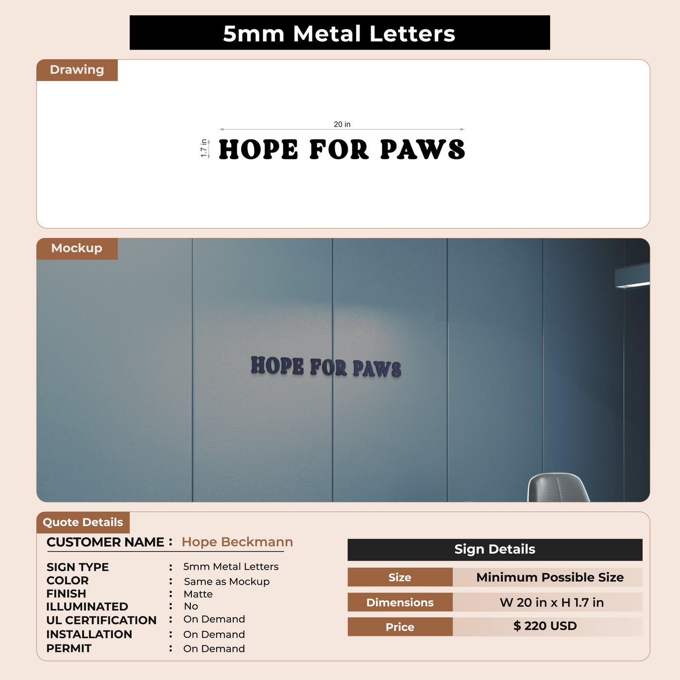 5mm Metal Letter Sign for Hope Beckmann