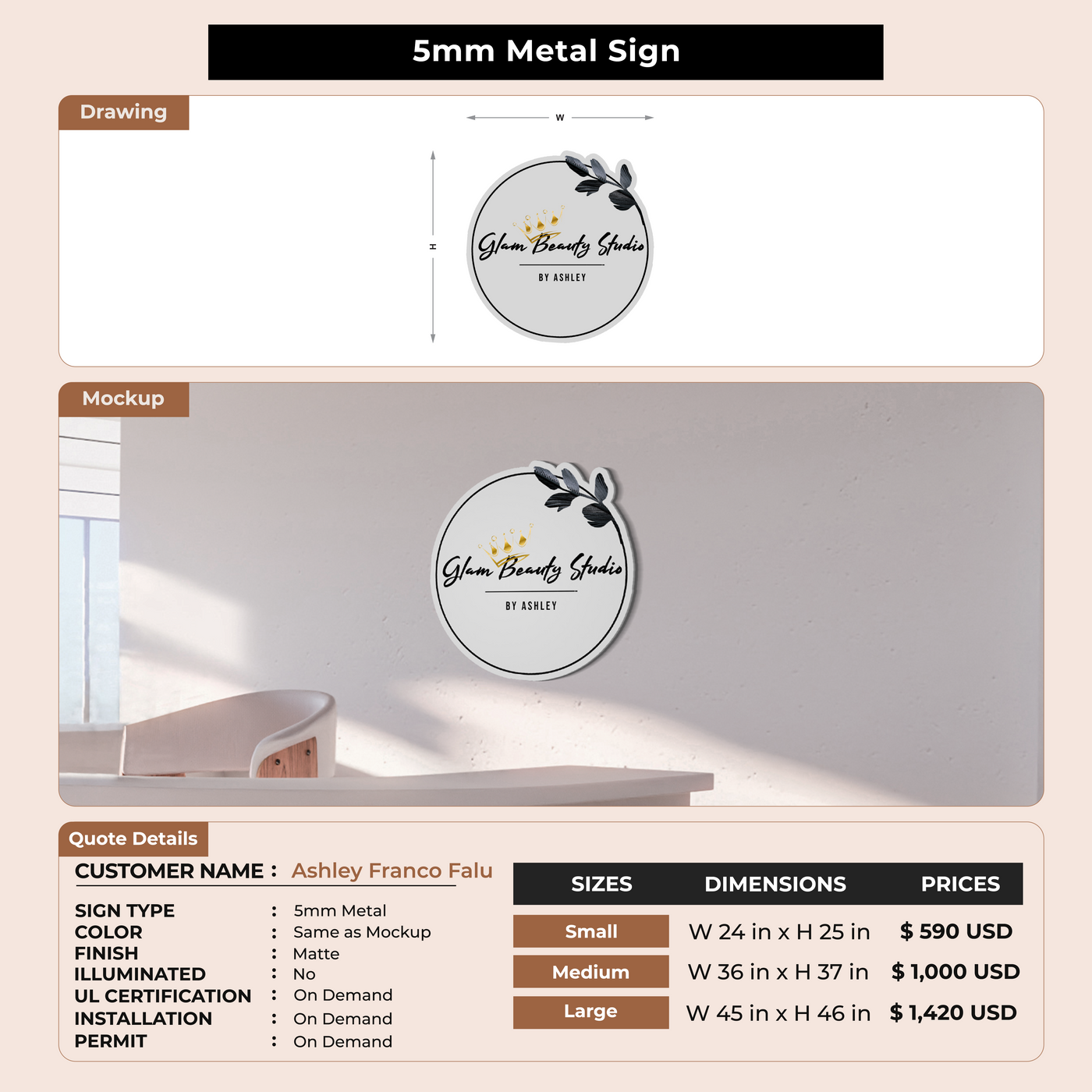 5mm Metal Sign for Ashley Franco Falu