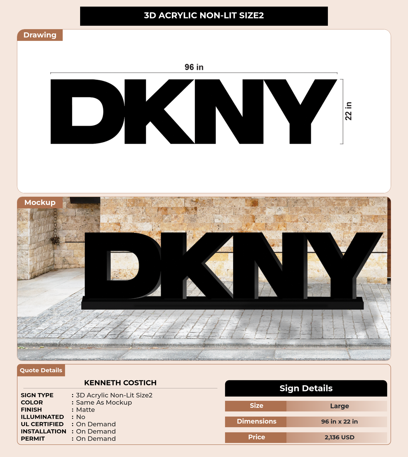 50% deposit CUSTOM MOCKUP SIGN FOR Kenneth Costich