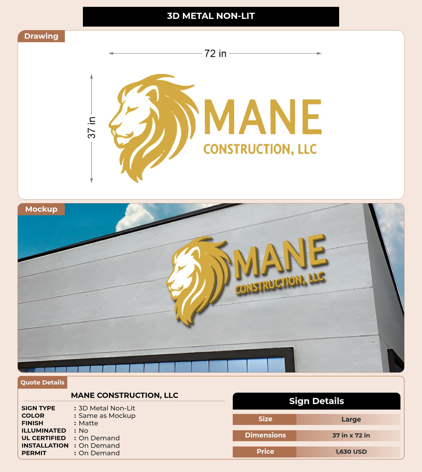 CUSTOM MOCKUP SIGN FOR Mane Construction, LLC