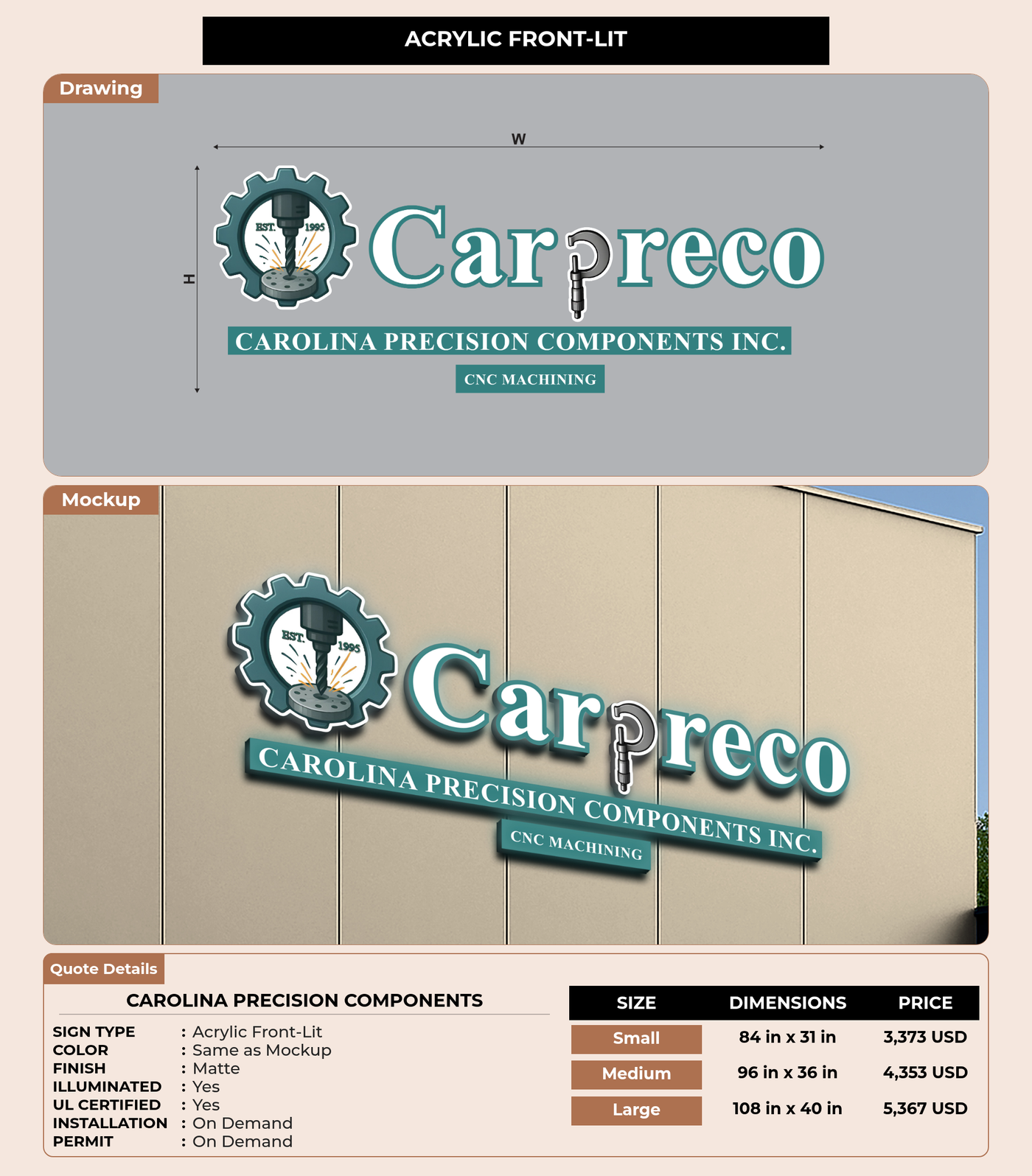 CUSTOM MOCKUP SIGN FOR Carolina Precision Components