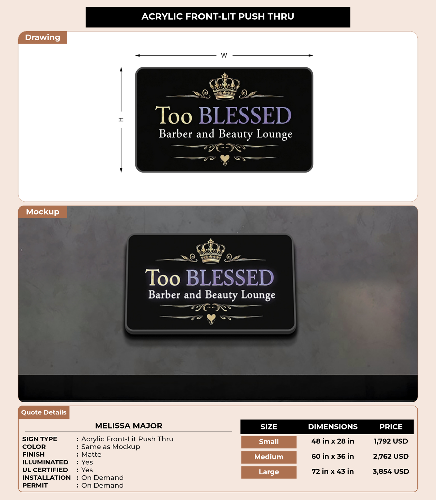 CUSTOM MOCKUP SIGN FOR Melissa Major