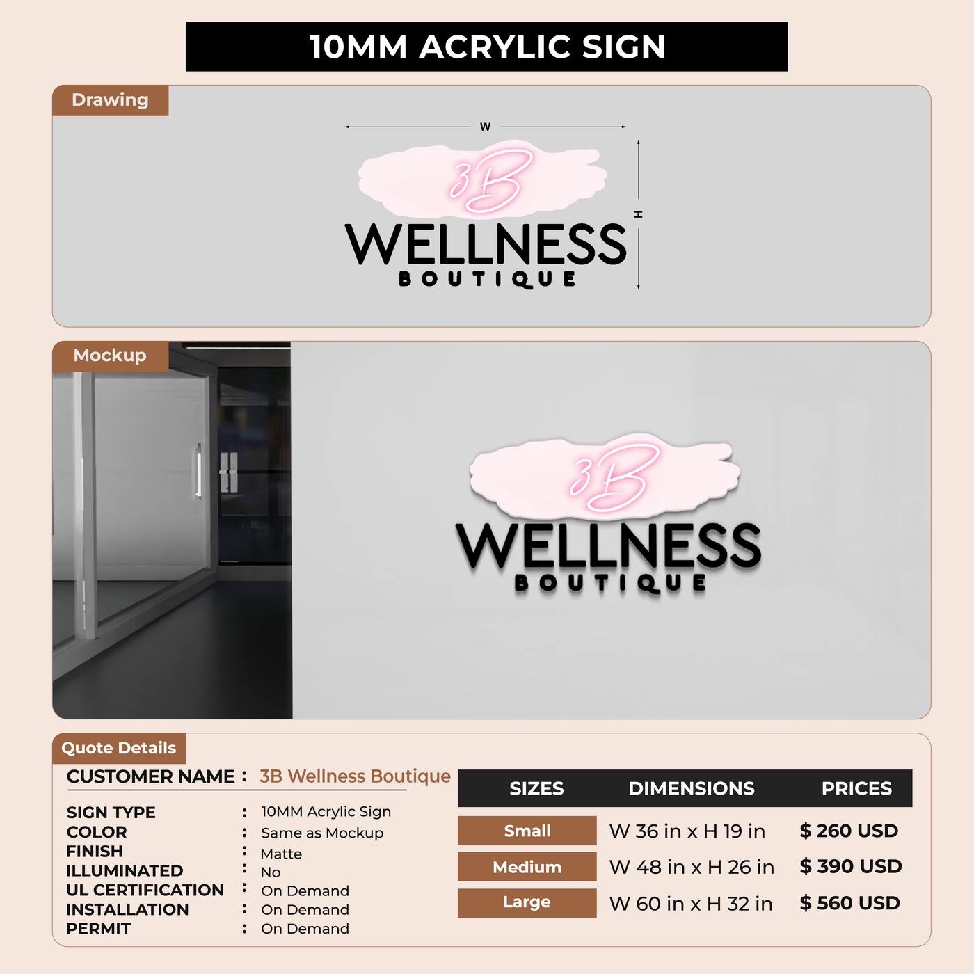 10mm Acrylic Sign for 3B Wellness Boutique
