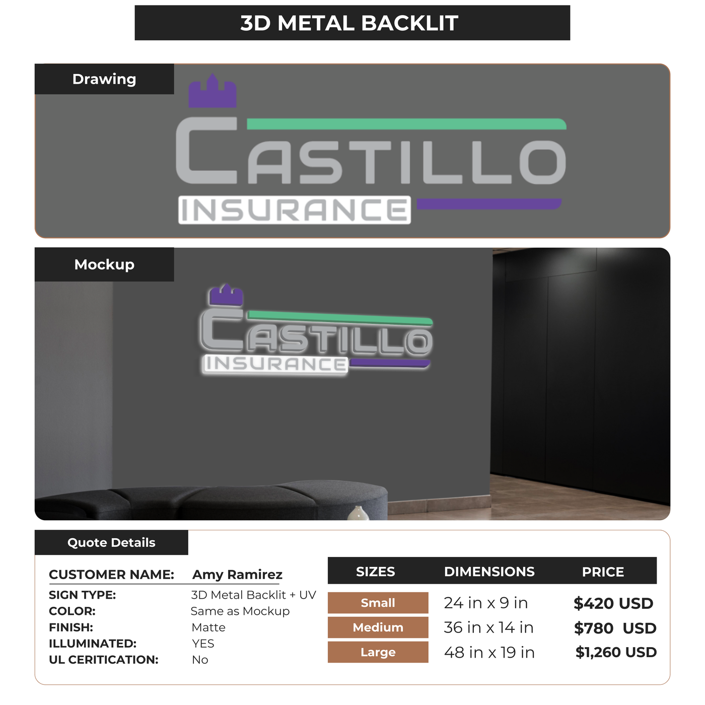 3D UV Metal Backlit sign for Amy Ramirez
