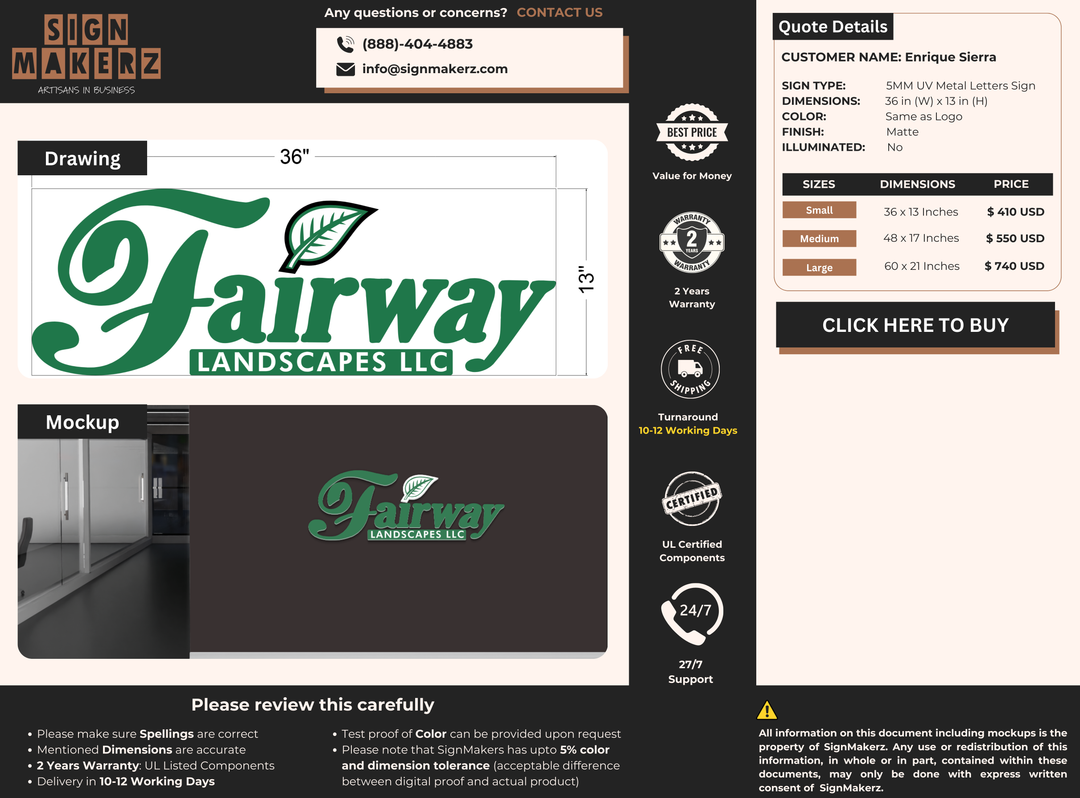 5MM UV Metal Letters Sign For Enrique Sierra