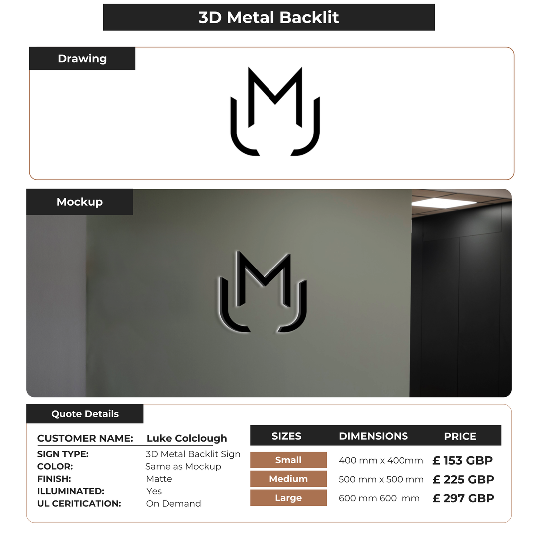 3D Metal Backlit Sign for Luke Colclough