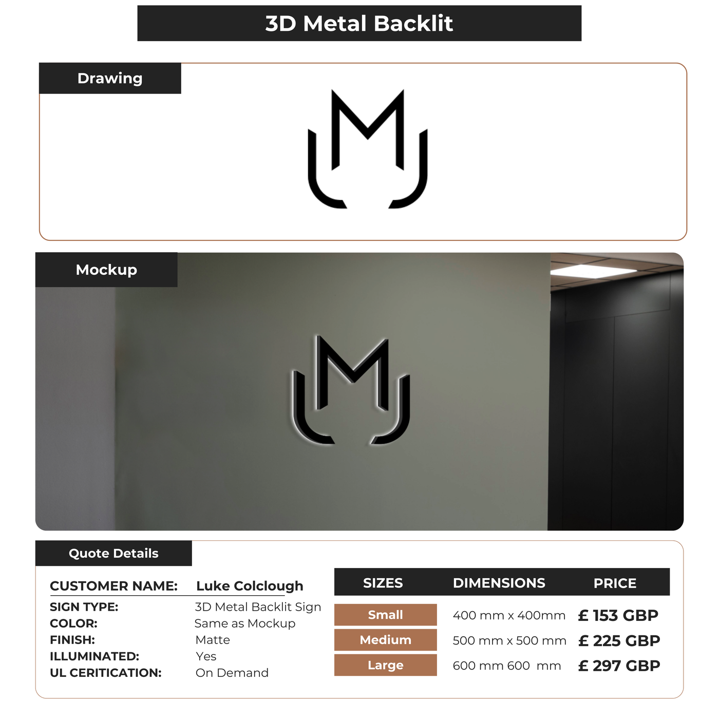 3D Metal Backlit Sign for Luke Colclough