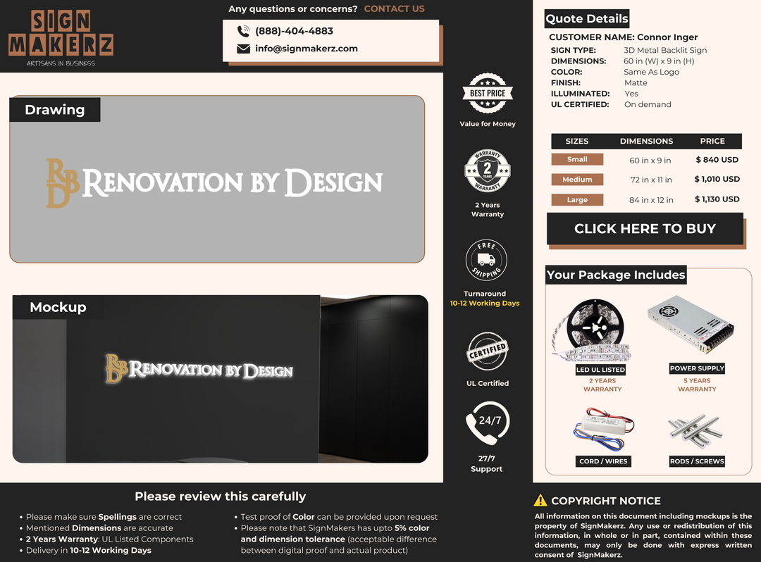 3D Metal Backlit Sign for Connor Inger