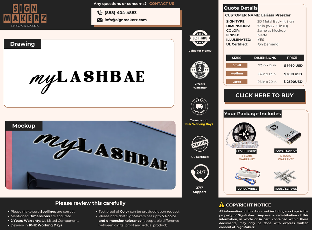 3D Metal Back-lit Sign For Larissa Preszler