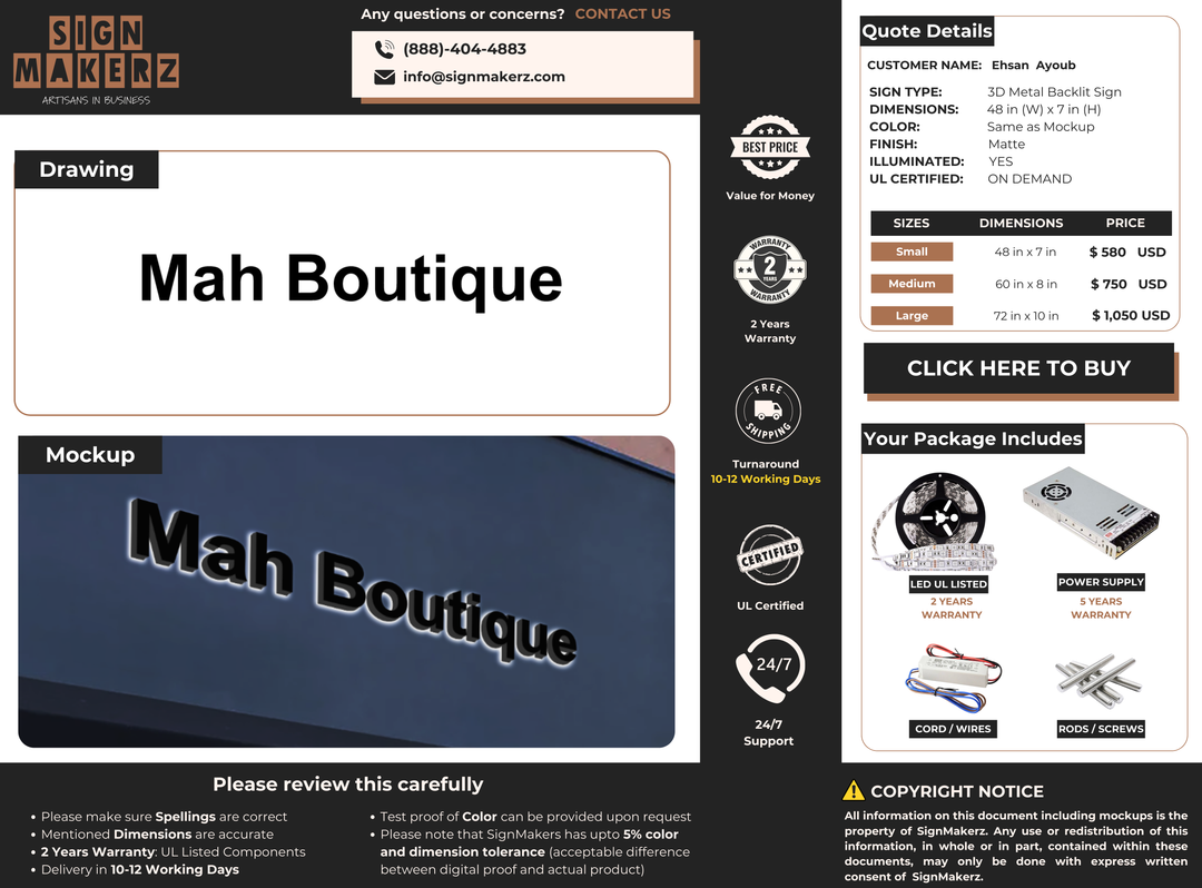 3D Metal Back lit Sign for Ehsan  Ayoub