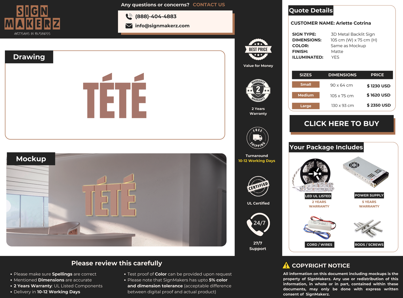 3D metal Backlit sign for Arlette Cotrina
