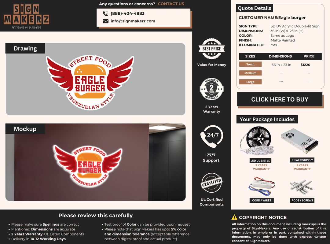 3D UV Acrylic Double-lit Sign For Eagle burger