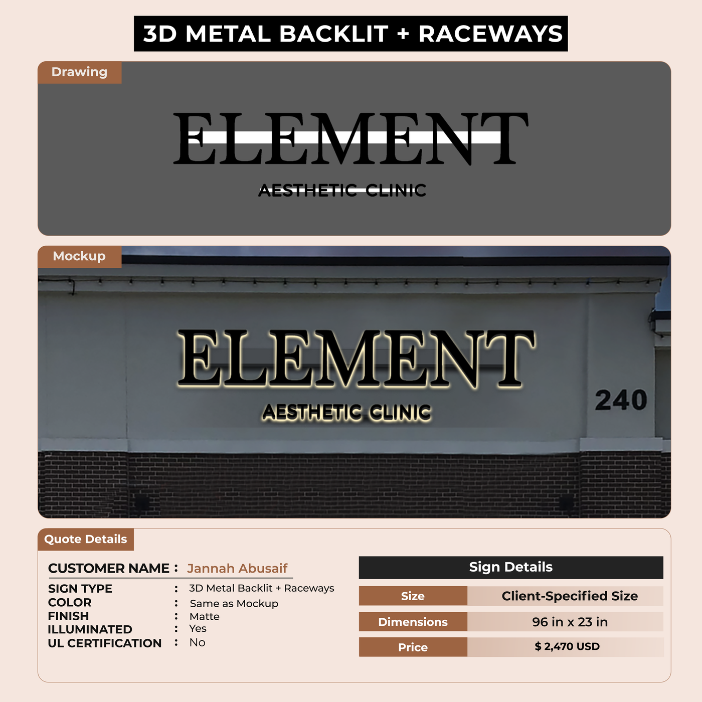 3D UV Metal Backlit with raceway Sign For Jannah Abusaif Clinic