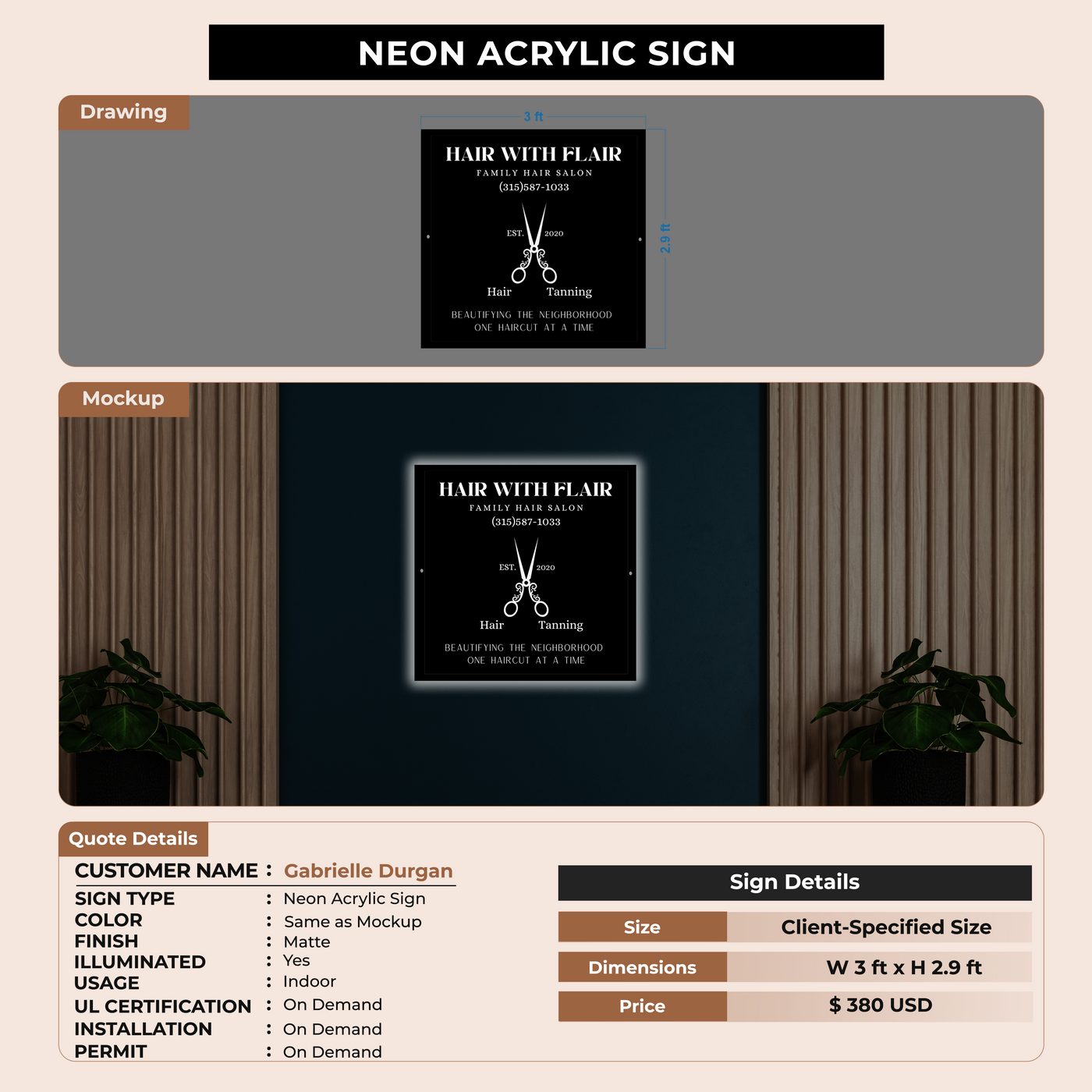 Neon Acrylic Sign For Gabrielle Durgan