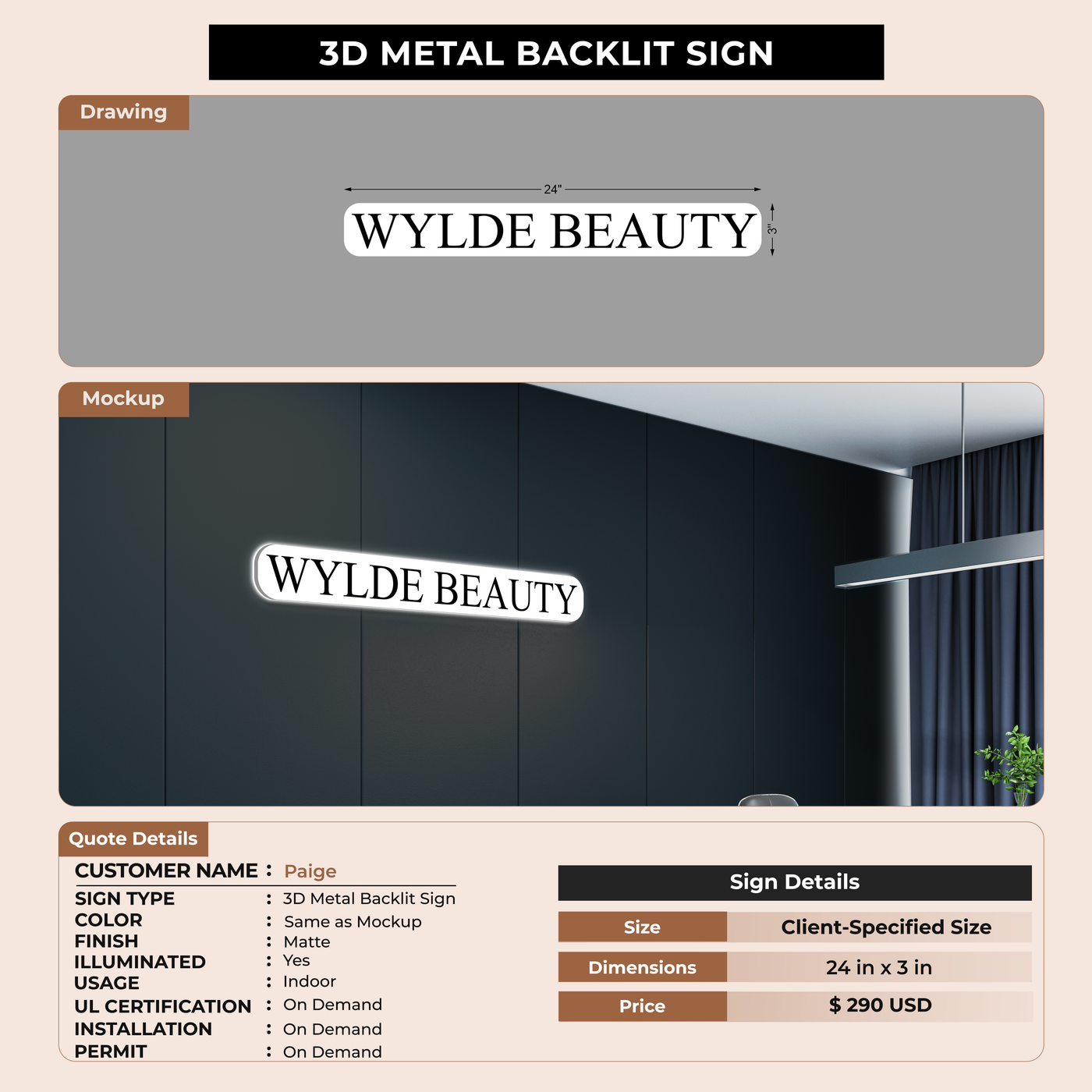 3D Metal Backlit For Paige
