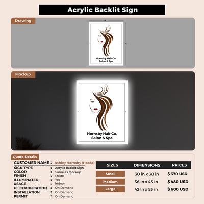 Acrylic Backlit Sign For Ashley Hornsby (Hooks)