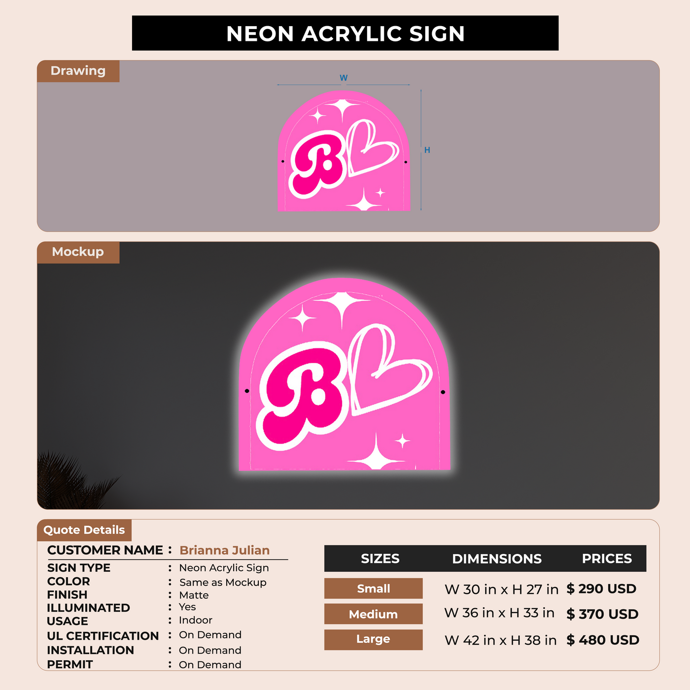 Neon Acrylic Sign For Brianna Julian
