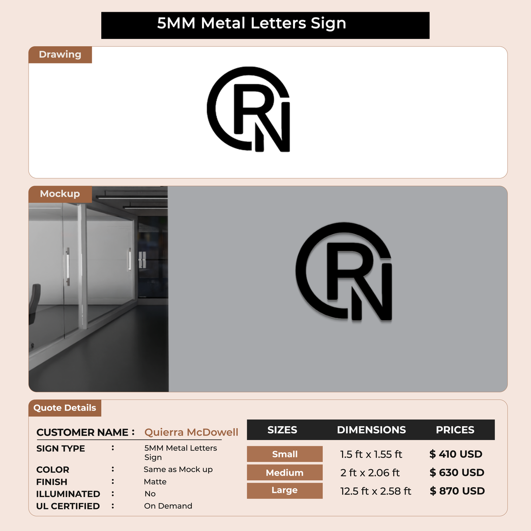 5MM Metal Letters Sign For Quierra McDowell