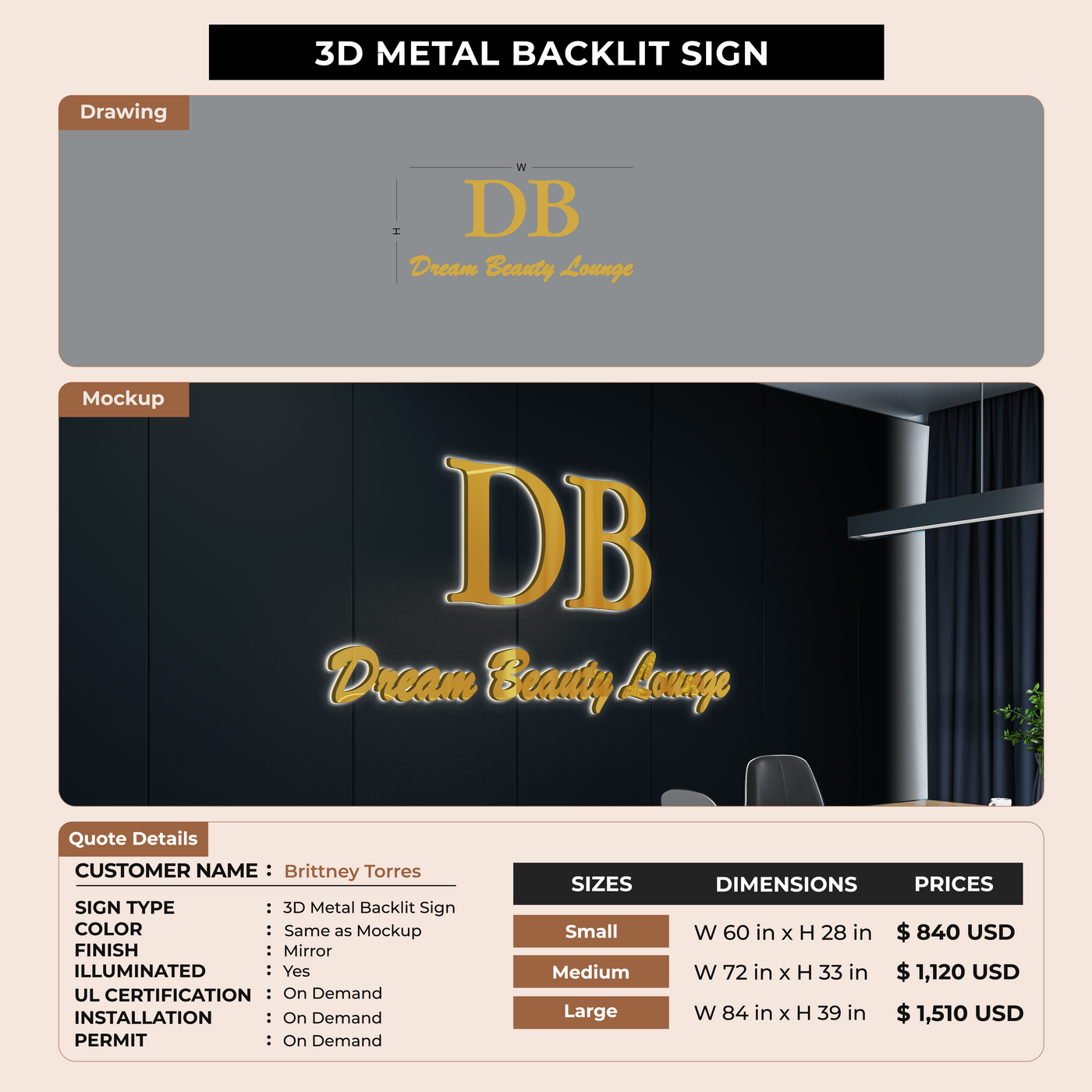 3D Metal Backlit Sign For Brittney Torres