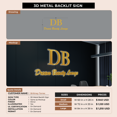 3D Metal Backlit Sign For Brittney Torres