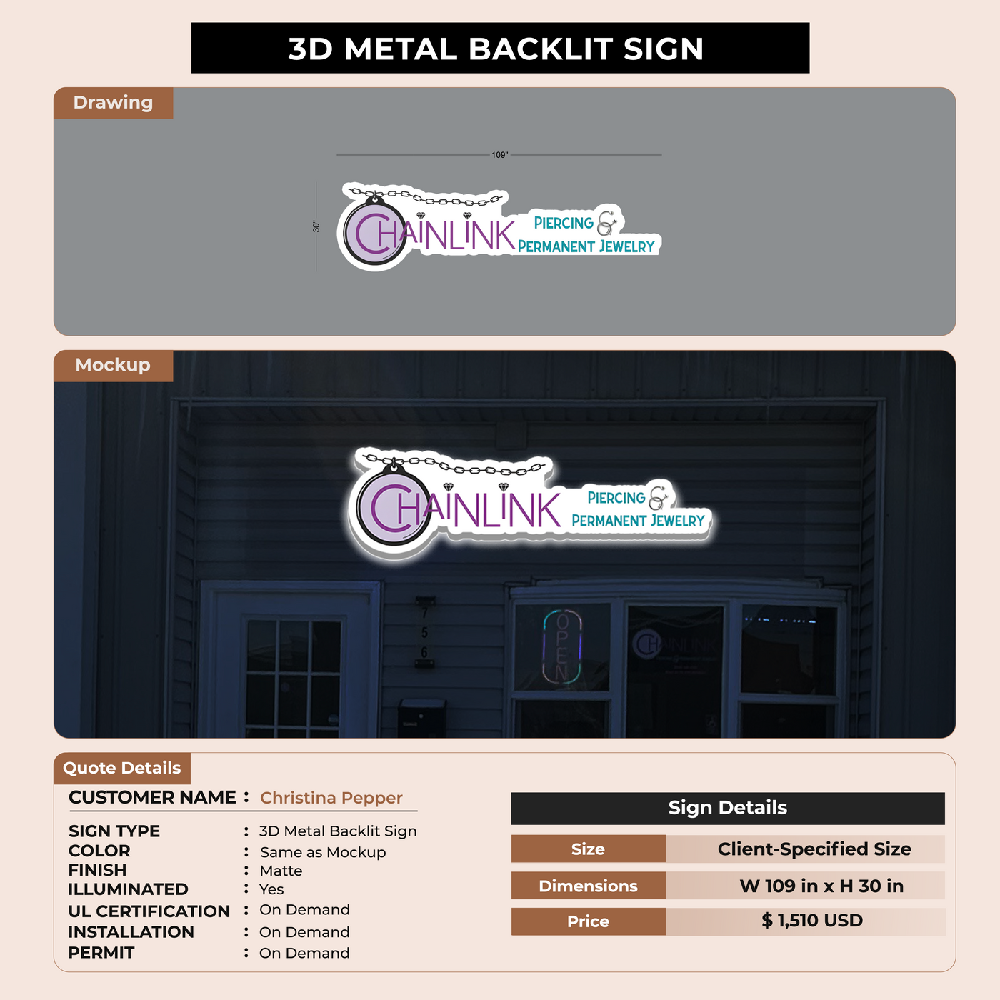 3D Metal Backlit sign for Christina Pepper