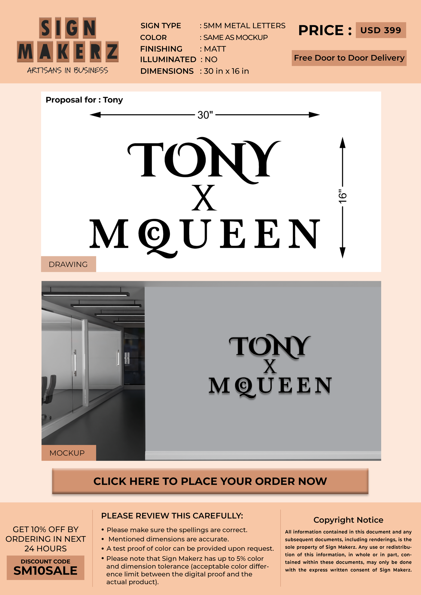 5MM Metal Letters Sign For Tony