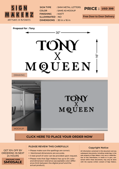 5MM Metal Letters Sign For Tony