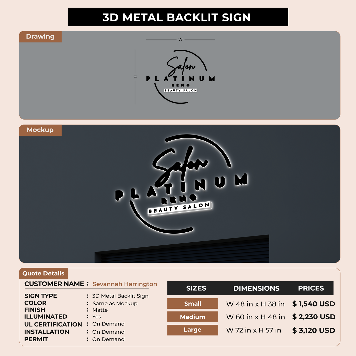 3D Metal Backlit Sign for Sevannah Harrington