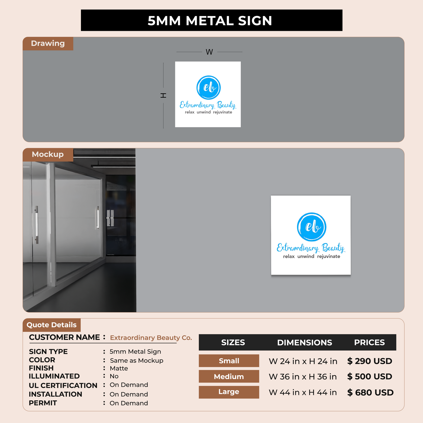 5mm Metal Sign for Extraordinary Beauty Co.