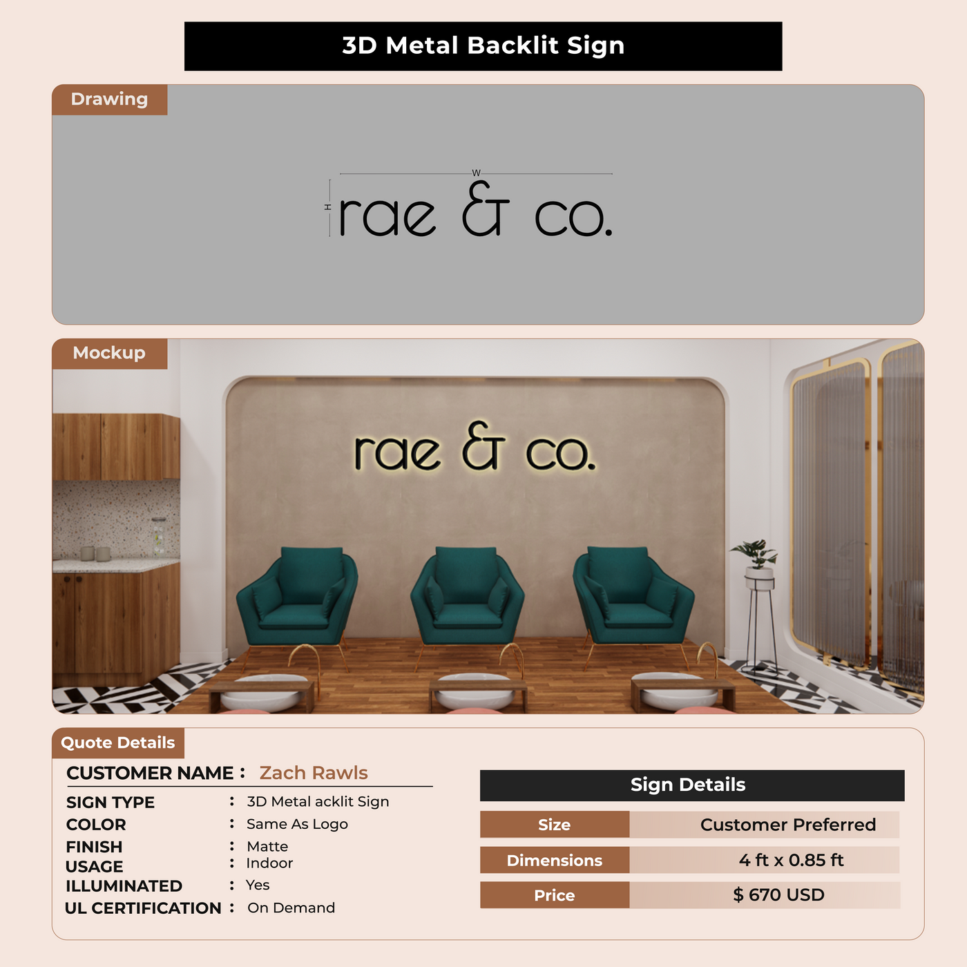 3D Metal Backlit Sign for Zach Rawls