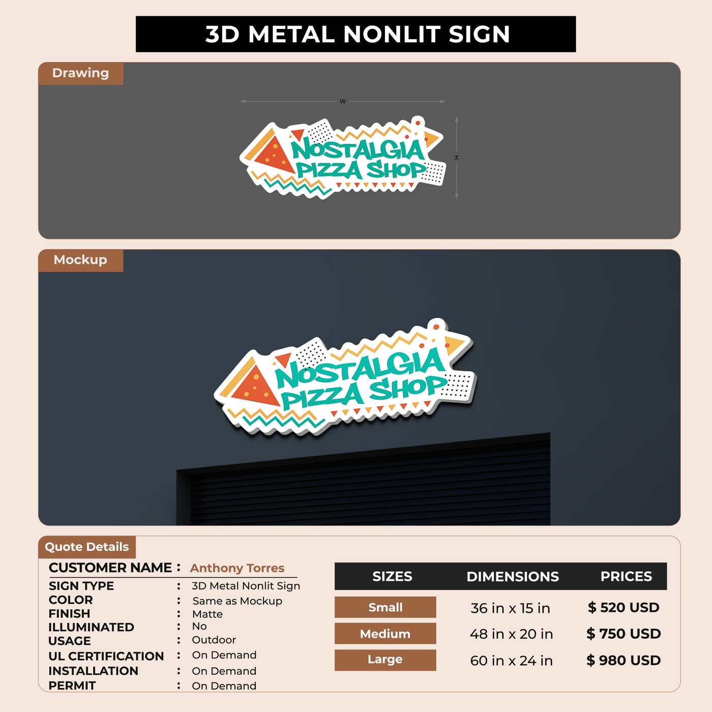 3D Metal Non-lit Sign For Anthony Torres