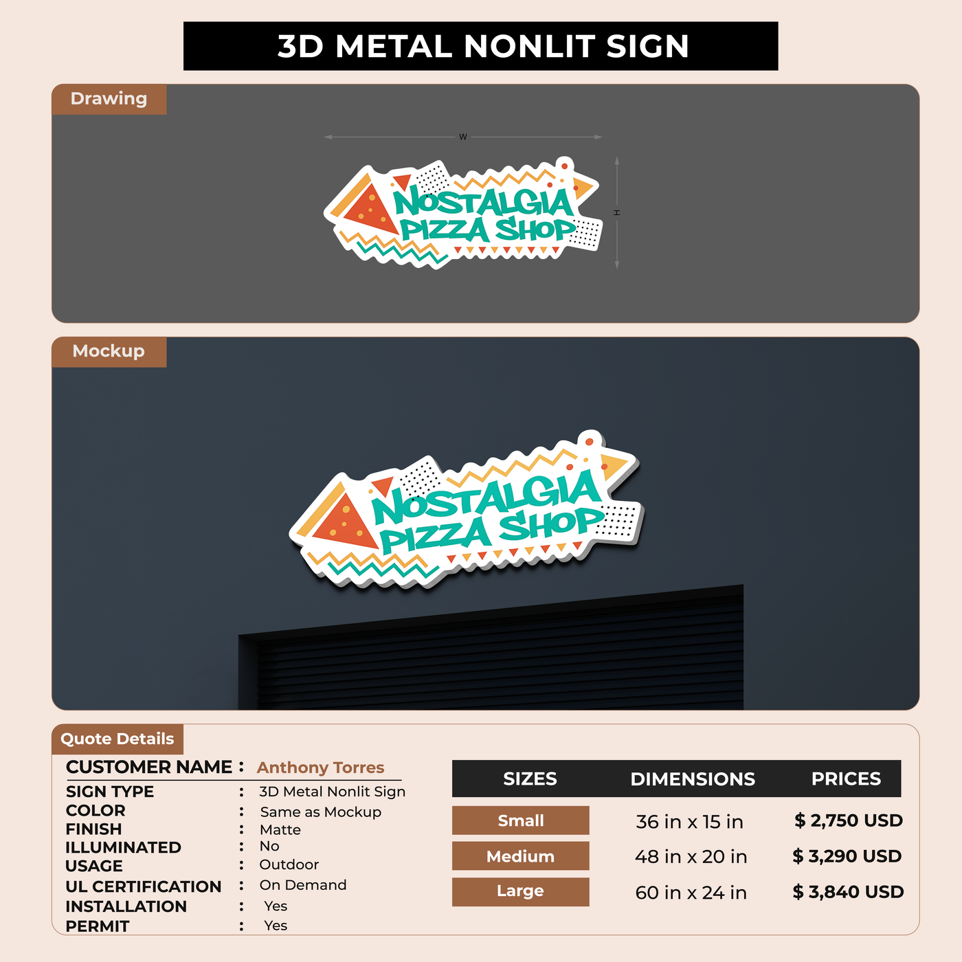 3D Metal Non-lit Sign For Anthony Torres