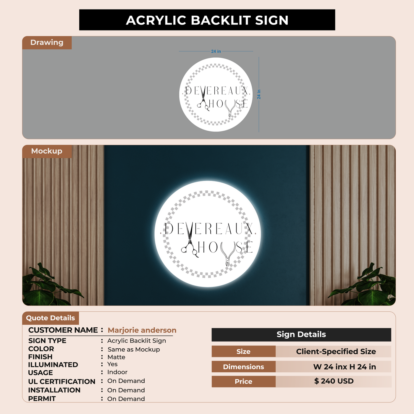Acrylic backlit Sign For Marjorie anderson
