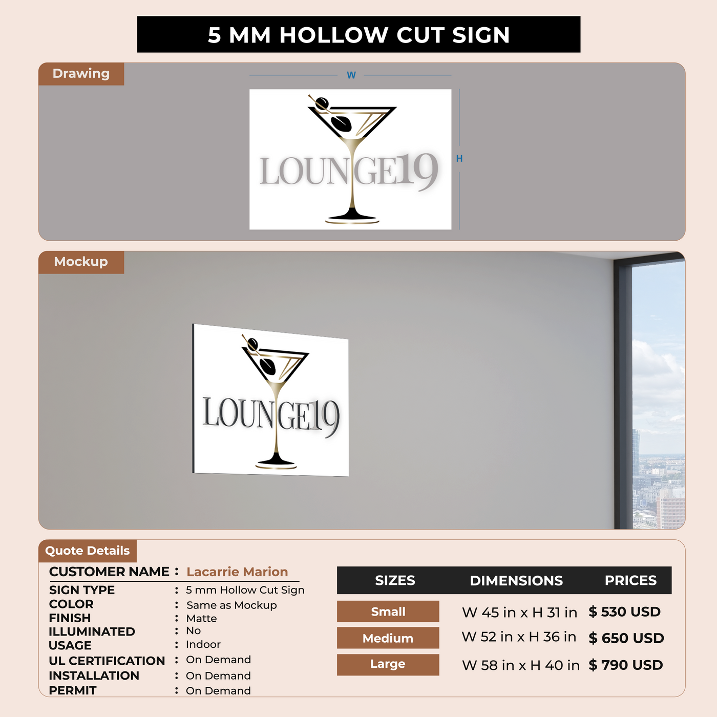 5 mm hollow cut sign for Lacarrie Marion