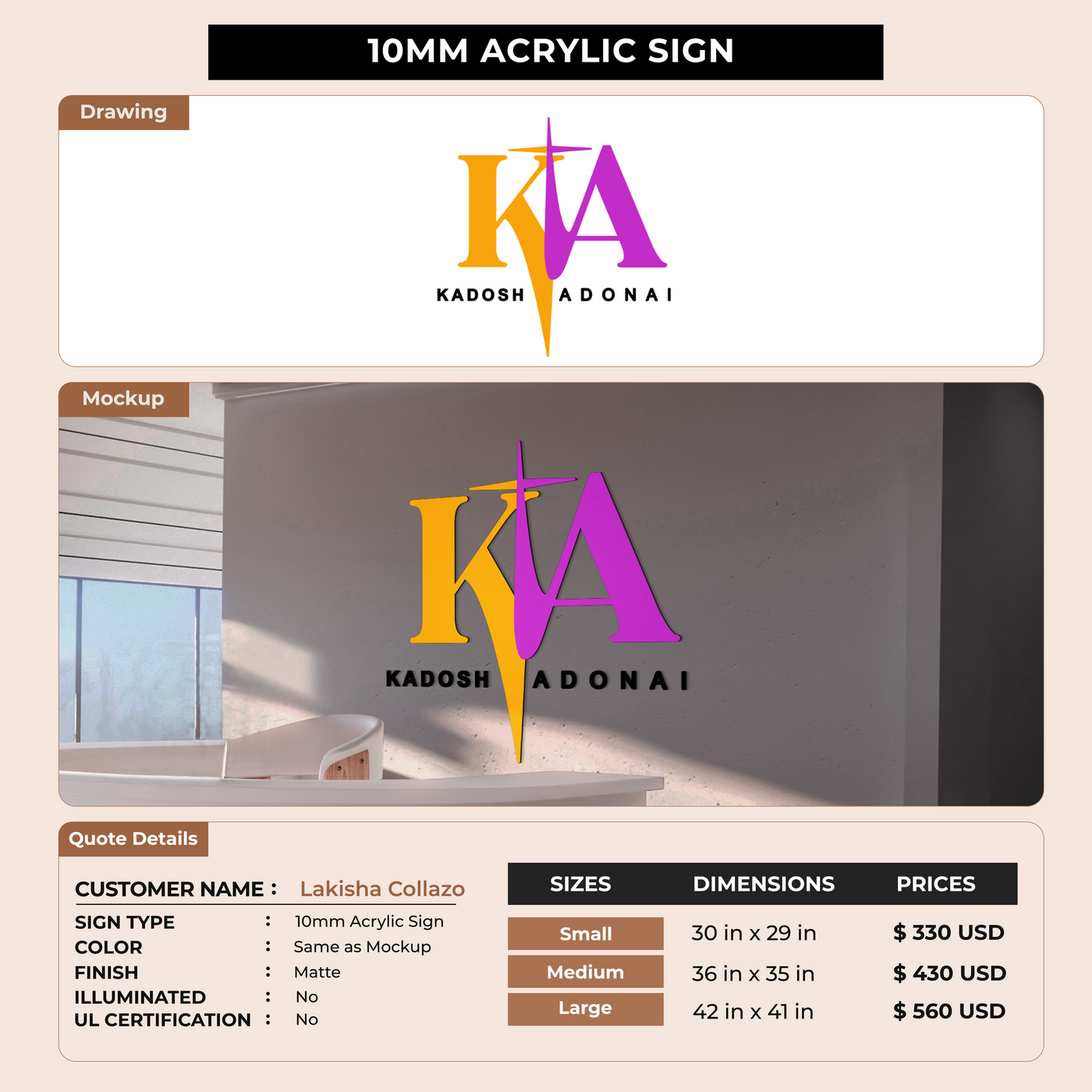 10MM Acrylic Sign for Lakisha Collazo
