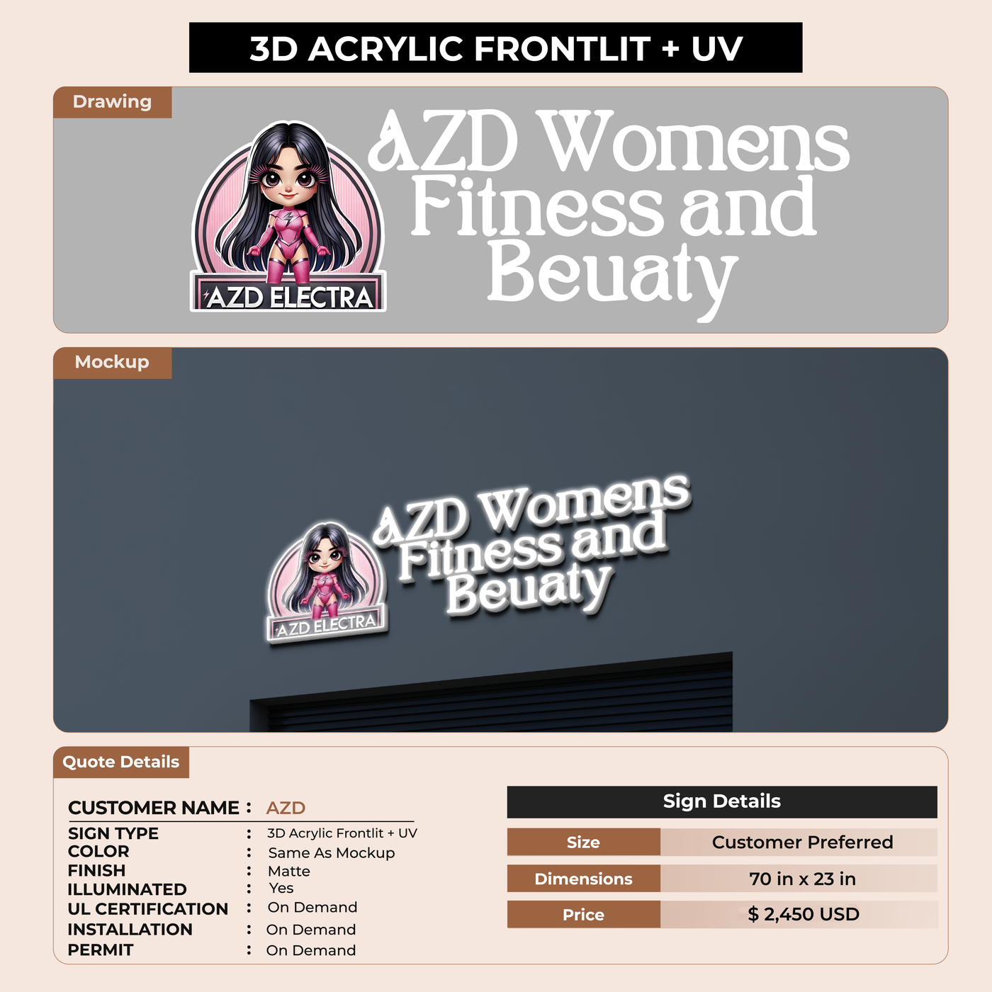 3D UV Acrylic Frontlit Sign for AZD