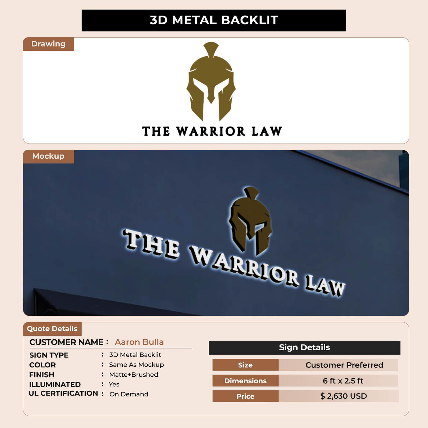 3D Metal Backlit Sign for Aaron Bulla