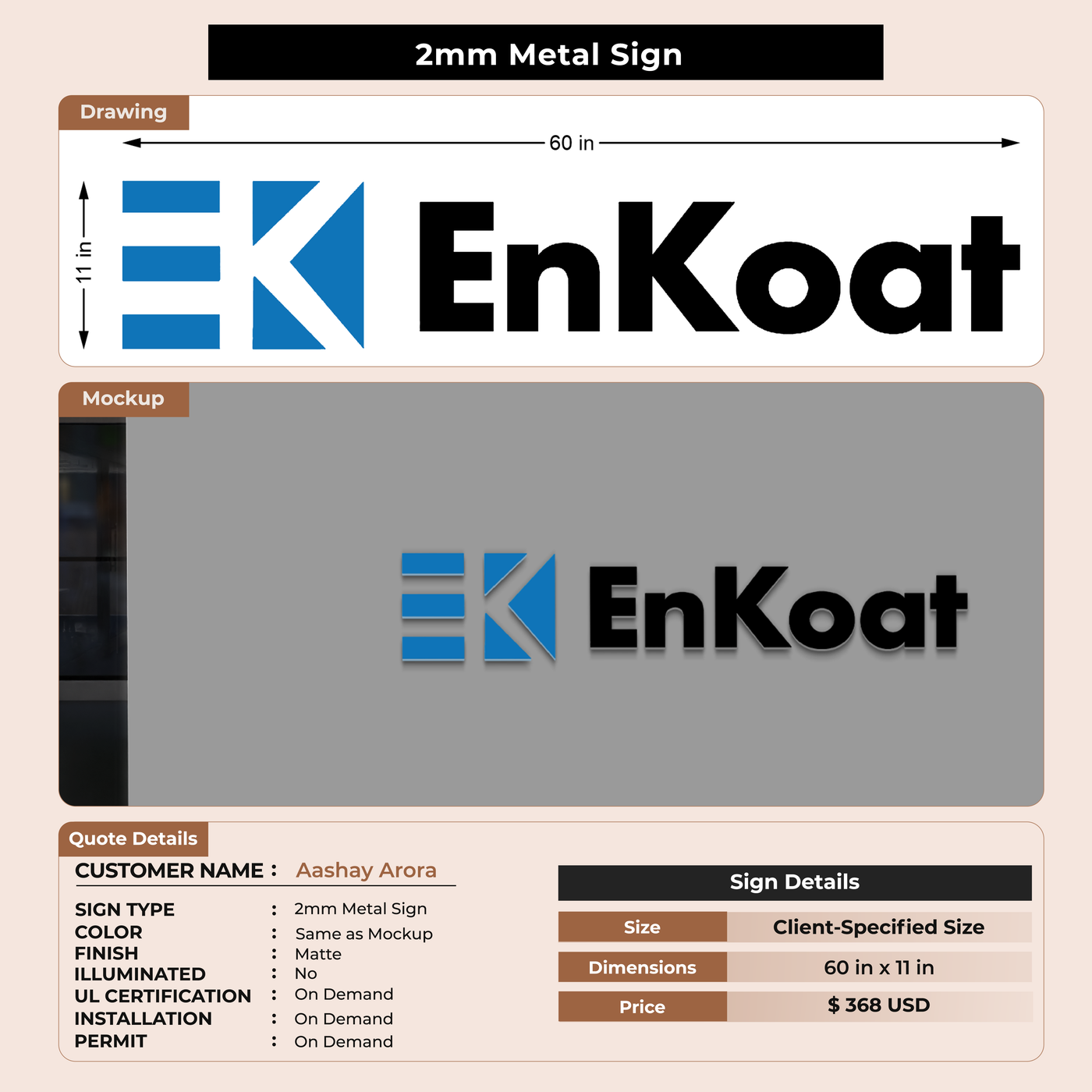 2mm metal pasting Sign For Aashay Arora