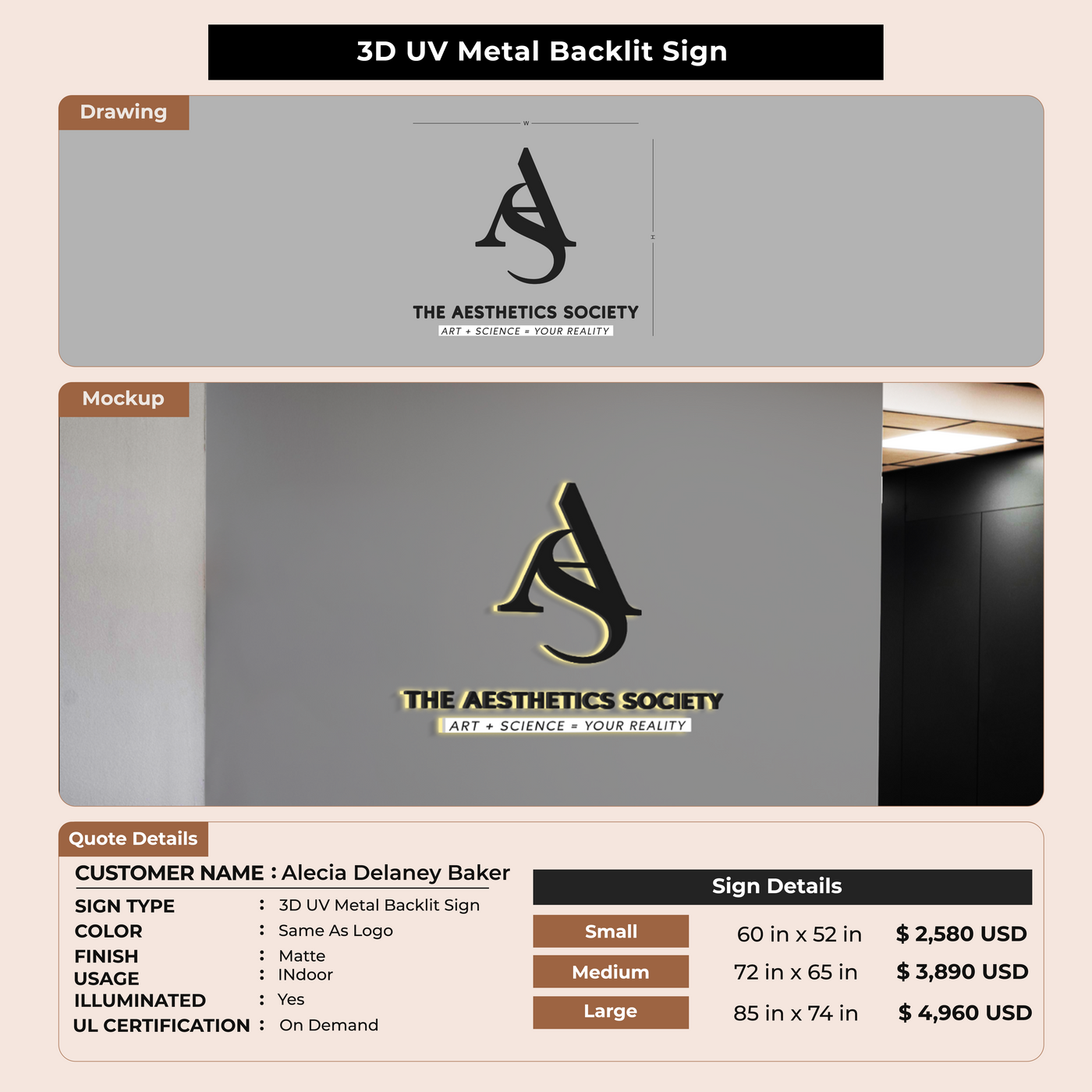 3D UV Metal Backlit Sign  for Alecia Delaney Baker
