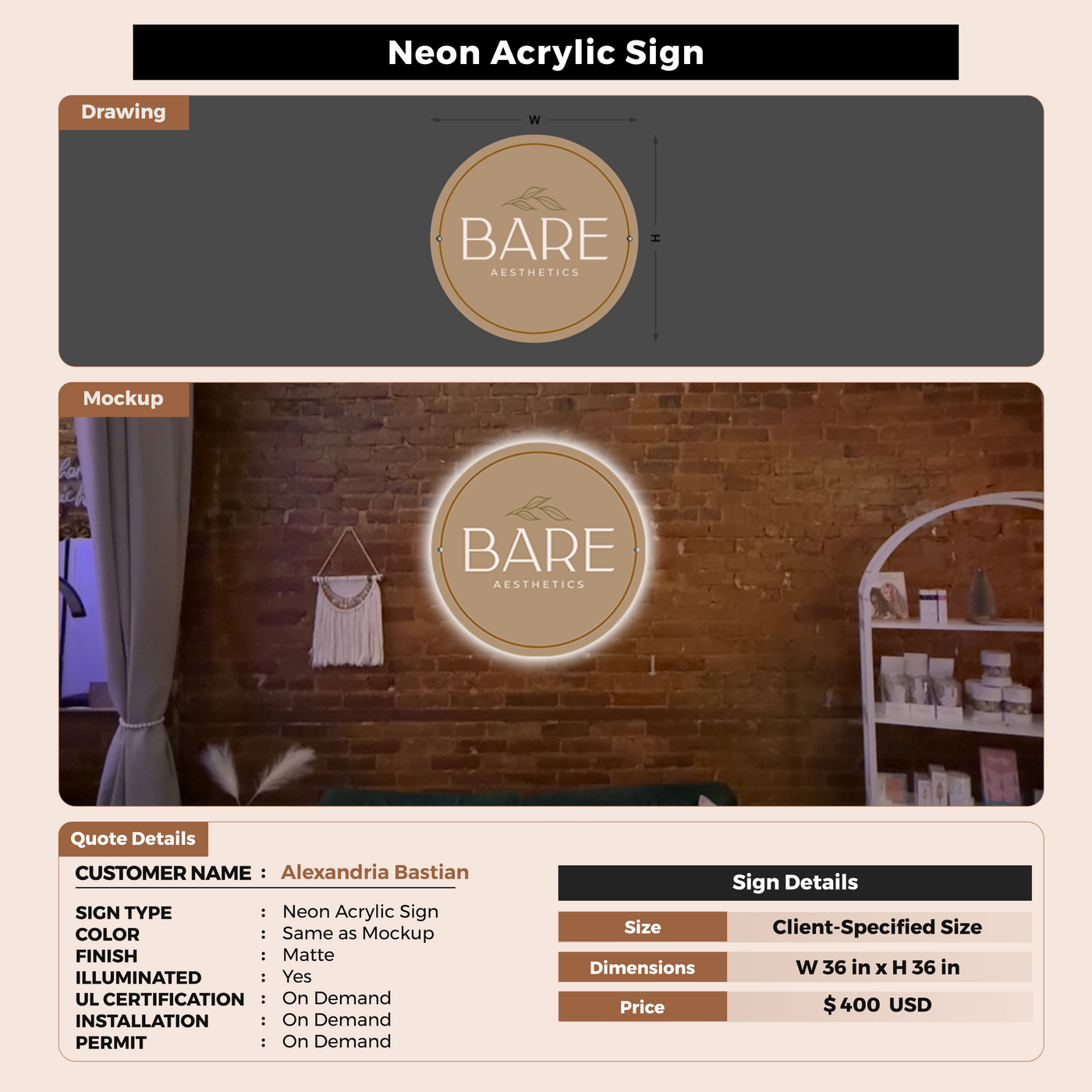 Neon Acrylic Sign For Alexandria Bastian