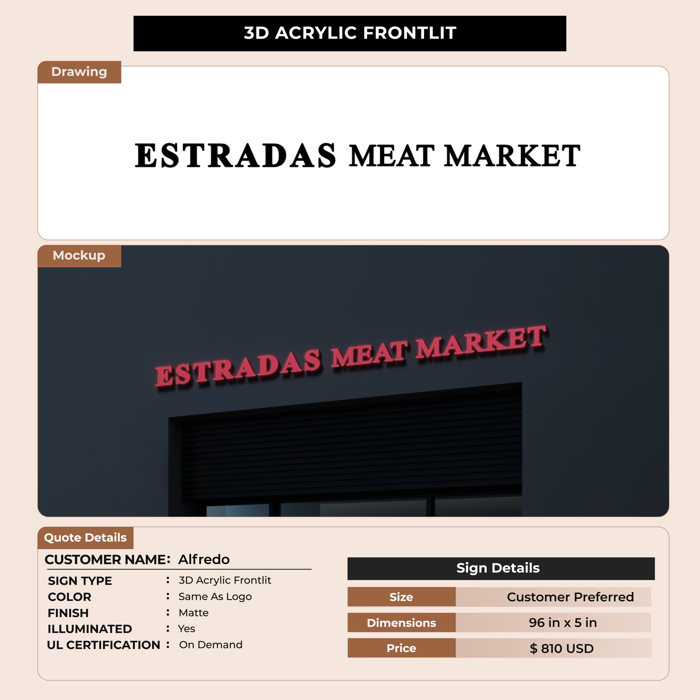 3D Acrylic Frontlit Sign for Alfredo Estrada