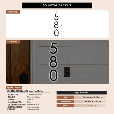 3D Metal Backlit House Number Sign for Alonso Brito