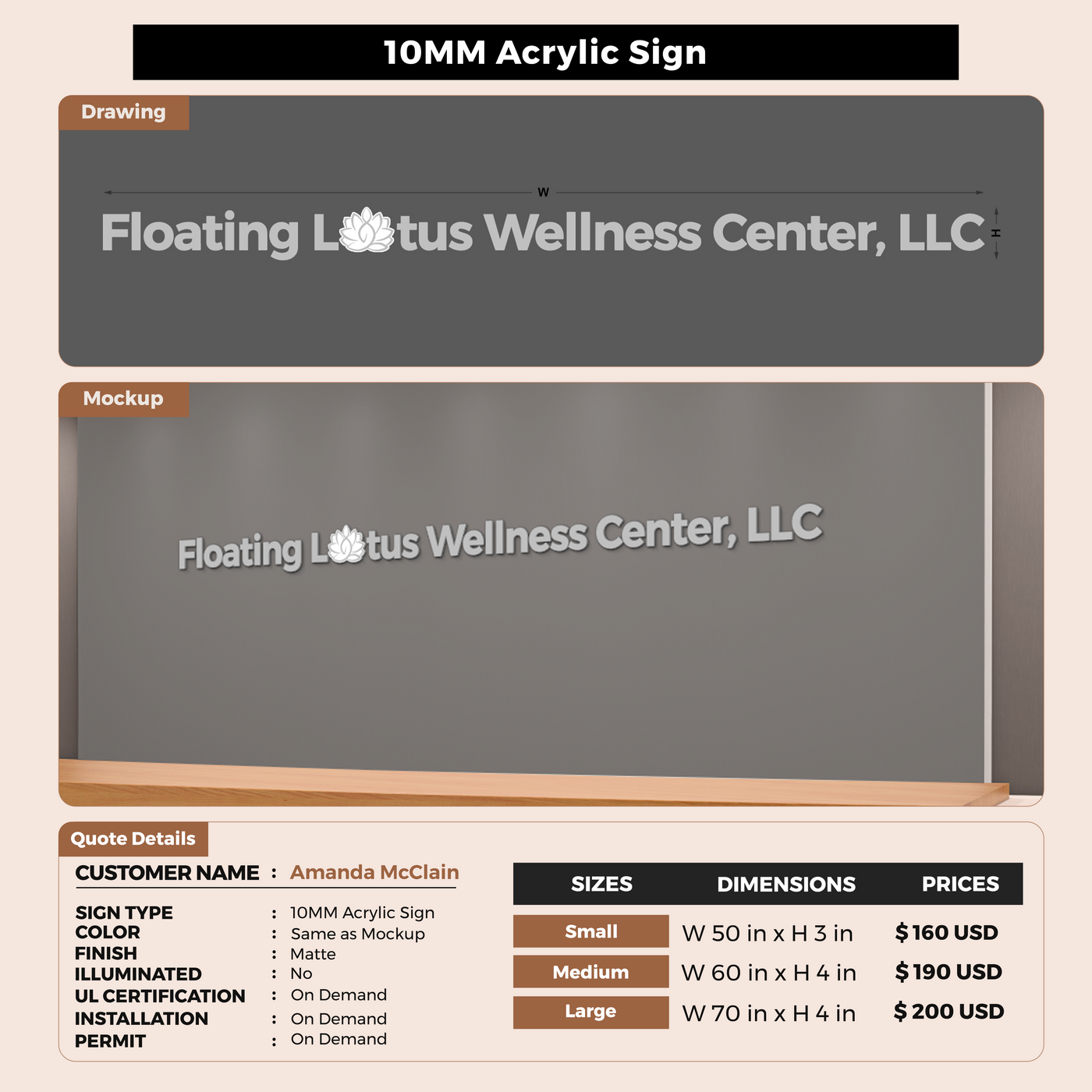 10 mm acrylic sign for Amanda McClain