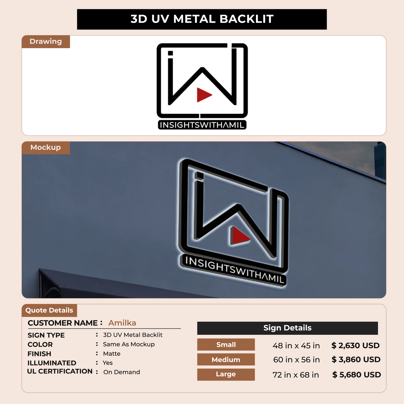 3D UV Metal Backlit Sign for Amilka
