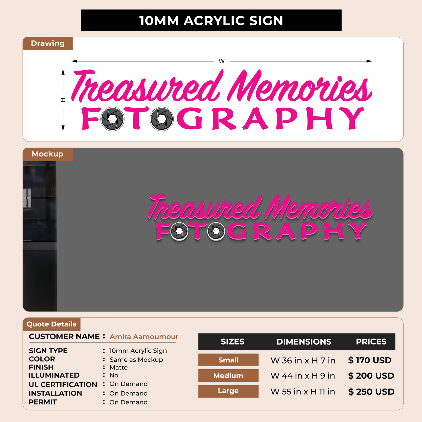 10mm Acrylic Sign for Amira Aamoumour