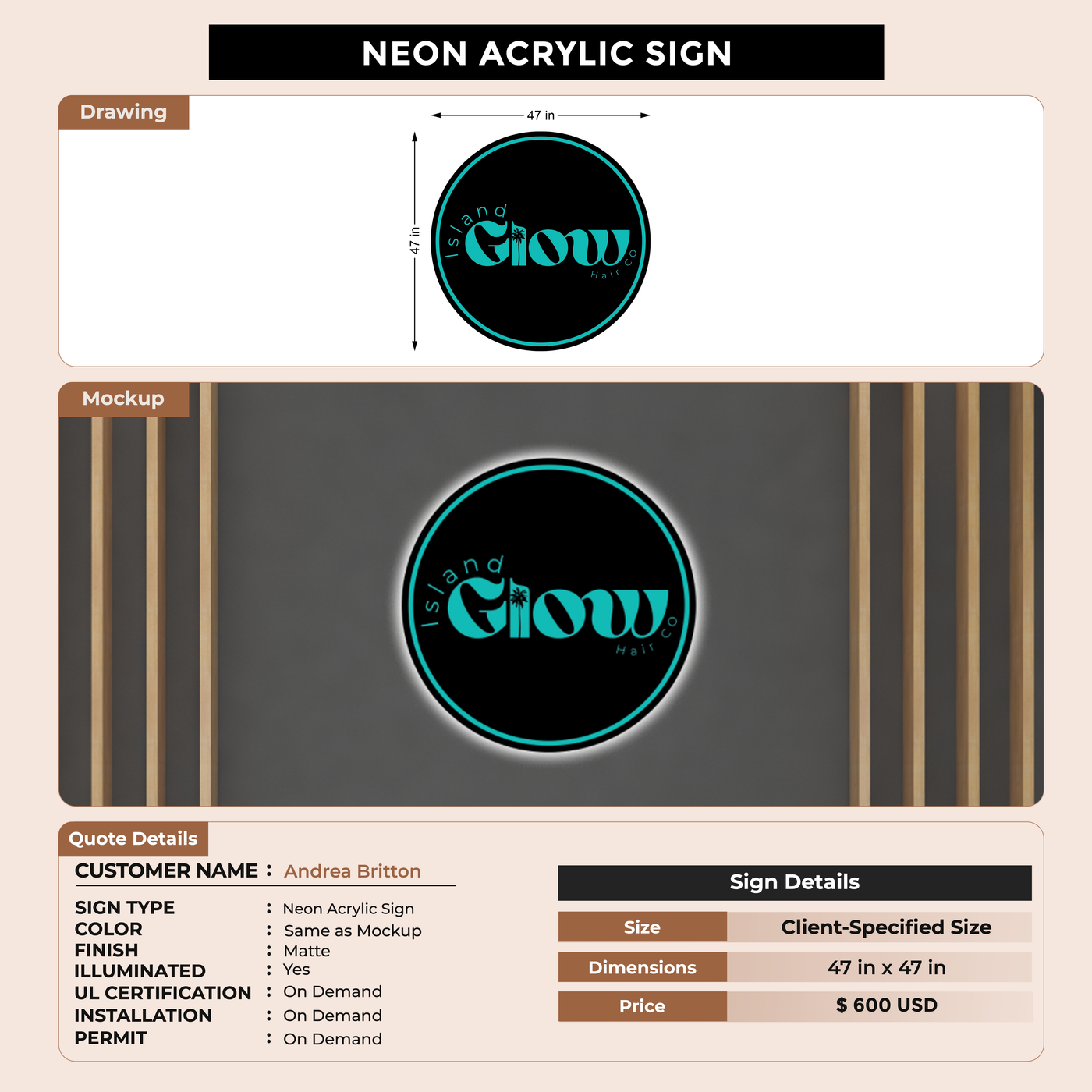 Neon Acrylic Backlit sign for Andrea Britton