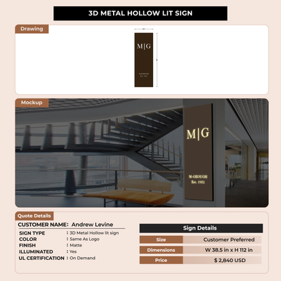3D Metal Hollow Lit sign For Andrew Levine
